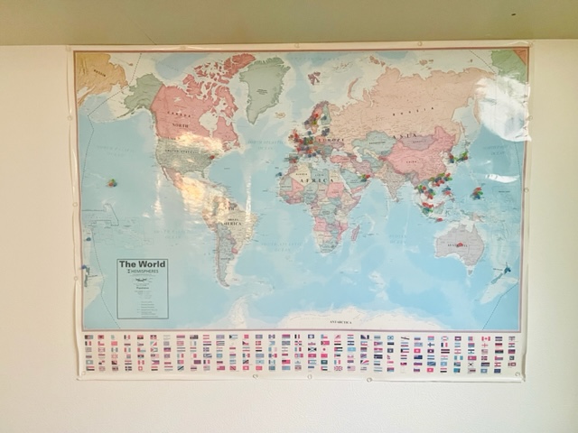 行ったことがある国にピンをさした世界地図　